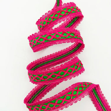 Green Cotton Fabric Lace Trim with Pink Thread Embroidery, Trim By 3 Yards, Craft Decorative Ribbon
